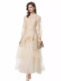 2024 New Round-Necked Long-Sleeved Embroidered Lace Flower Yarn Heavy Industry Dress Dress Woman