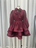 2024 New Sexy Long Sleeves With Waisted Butter Bows Layers Of Lotus Leaf-Side Skirt Dress Dress Woman