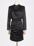 Spring Festival New Temperament Women's High-Grade Black Short Dress High-Necked Ass Tos-Dressed Folded Dress Woman