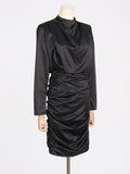 Spring Festival New Temperament Women's High-Grade Black Short Dress High-Necked Ass Tos-Dressed Folded Dress Woman