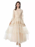 2024 New Round-Necked Long-Sleeved Embroidered Lace Flower Yarn Heavy Industry Dress Dress Woman