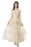 2024 New Round-Necked Long-Sleeved Embroidered Lace Flower Yarn Heavy Industry Dress Dress Woman