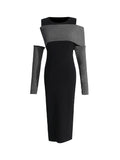 2025 New Fashion Temperament Slim Thin Splicing Design Dress Famous Wind Knitted Long Dress Woman