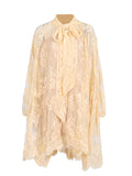 Beauty Tea Break Dress 2025 Spring New Hollow Lace Loose Swing Long Sleeve Ribbon Dress Dress Woman