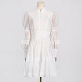 Retro High-End Short Dress 2025 Summer New Fashion Collar Lantern Sleeve Mesh Waist Dress Dress Woman