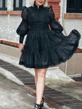 Retro High-End Short Dress 2025 Summer New Fashion Collar Lantern Sleeve Mesh Waist Dress Dress Woman