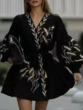 2025 French Retro Dark Wind Heavy Industry Embroidered Wheat Ears Design Velvet Long Sleeve Dress Dress Dress Woman