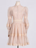 Retro High-End Short Dress 2025 Summer New Fashion Collar Lantern Sleeve Mesh Waist Dress Dress Woman