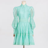 Retro High-End Short Dress 2025 Summer New Fashion Collar Lantern Sleeve Mesh Waist Dress Dress Woman