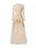 2024 New Round-Necked Long-Sleeved Embroidered Lace Flower Yarn Heavy Industry Dress Dress Woman
