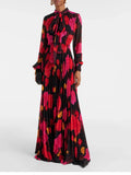2024 New Long Sleeve Vintage Red Printed Elegant 100-Folded Long Dress Chiffon Dress Woman