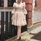 Retro High-End Short Dress 2025 Summer New Fashion Collar Lantern Sleeve Mesh Waist Dress Dress Woman