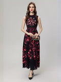 2024 New Red Vintage Print Stud Vest Black Dress Dress Dress Woman