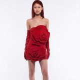 Sexy Red Breast Trim High-End Temperament Decorative Three-Dimensional Flower Party Dress