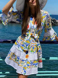 Bohemian Resort 2025 Spring New V-Neck Horn Sleeve Embroidery Printed Dressed Dress Woman